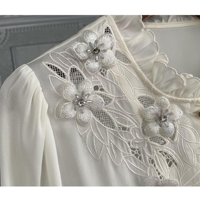 Весенне-осенняя элегантная блузка из искусственного шелка, женская новая однотонная повседневная блузка, свободный белый топ с воротником-стойкой и рюшами, топ с длинными рукавами