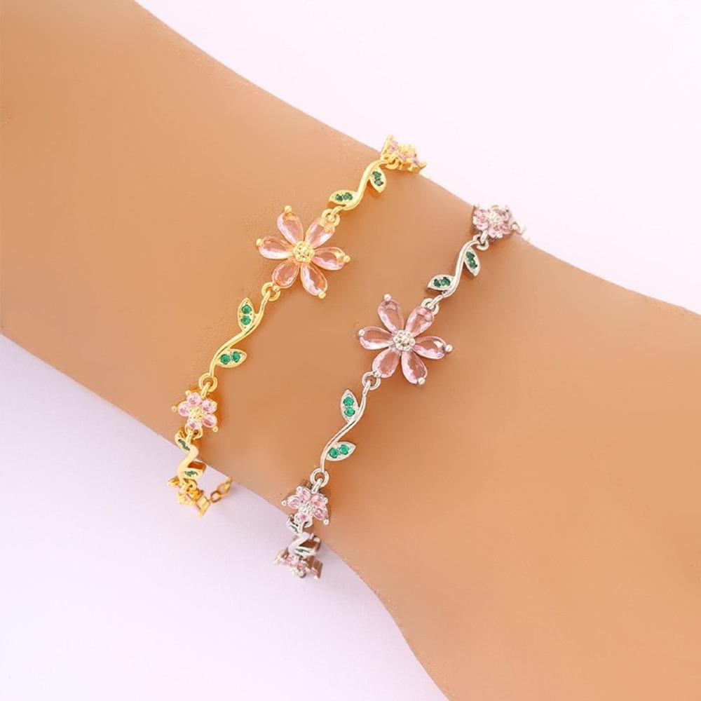 Luxury Pink Cubic Zirconia Chain Fashion Shiny Rhinestone Bangle For Women