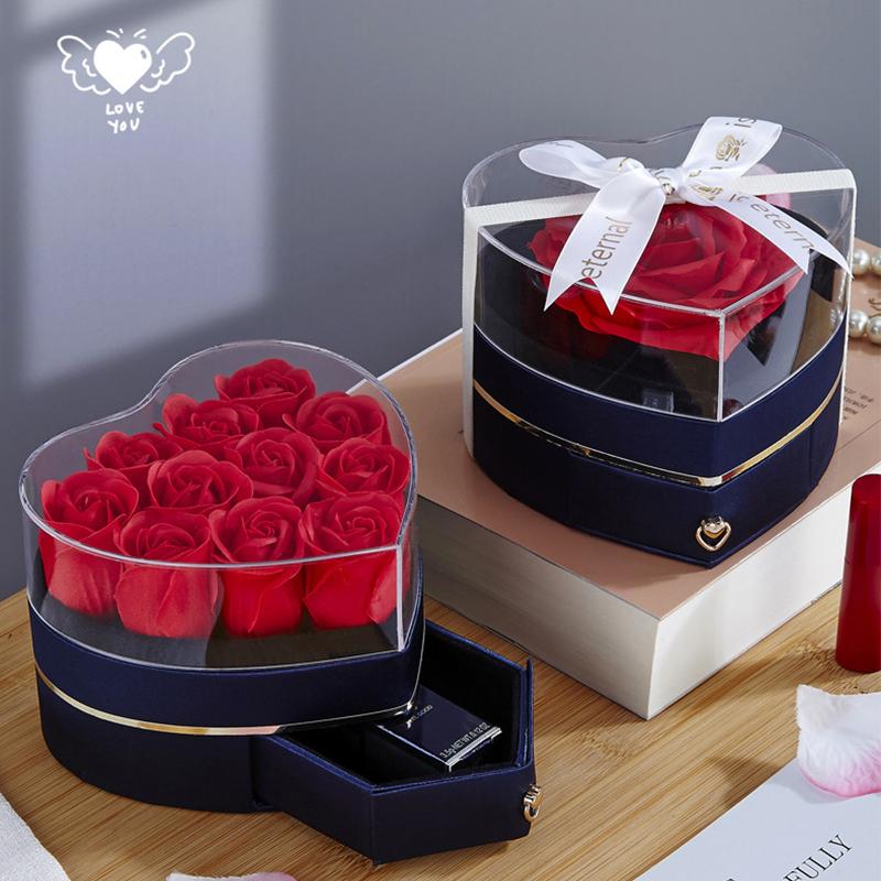 1PC Valentine's Day Transparent Ring Box Luxury Gift for Anniversary Heart Shaped Rose Gift Box