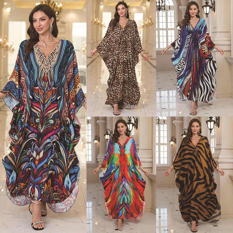 European-American Cotton Print Loose Plus Size Long Dress Beach Cover-Up Robe Style