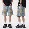 Летние модные джинсовые шорты с рваным эффектом и трендовым граффити-принтом в американском стиле, мужские бриджи, шорты средней длины