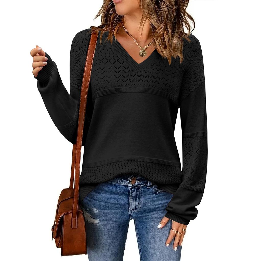 Women's Loose Knitted Sweater With V-Neck Hollowed Out Pullover Long Sleeved Solid Color Top
