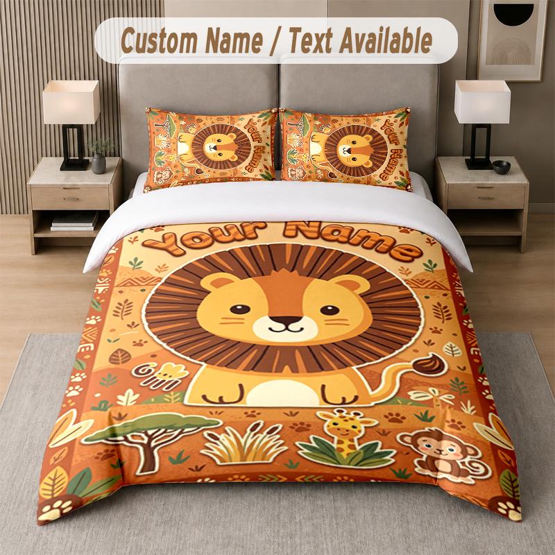 Lion Tiger Leopard Theme Custom Text Or Name 3Pcs Bedding Set 1 Flat Sheet & 2 Pillowcases Personalized Home Bedding