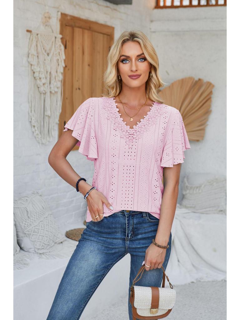 Spring/Summer Women's Lace V-Neck Ruffle Sleeve Loose T-Shirt