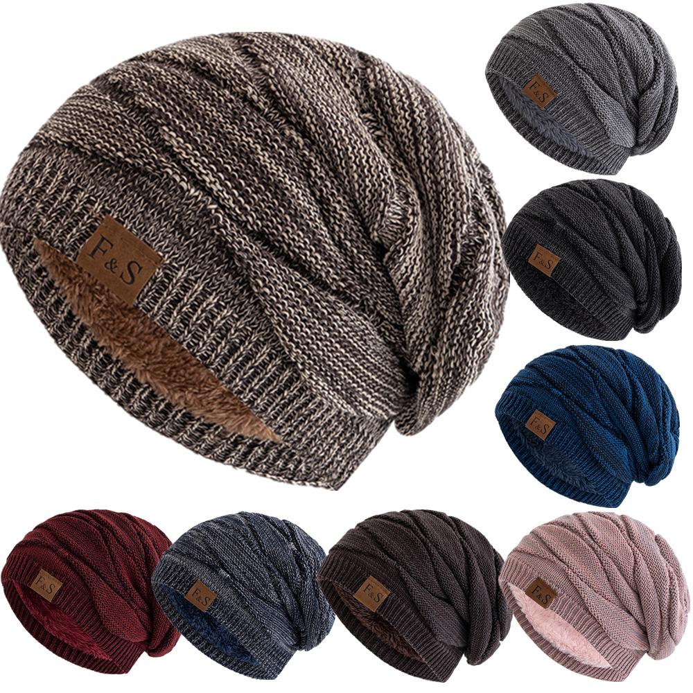 Unisex Slouchy Winter Hats Warm Fleece Lined Beanie Cap Men Women Casual Label Decor Winter Mixed Color Knitted Hats