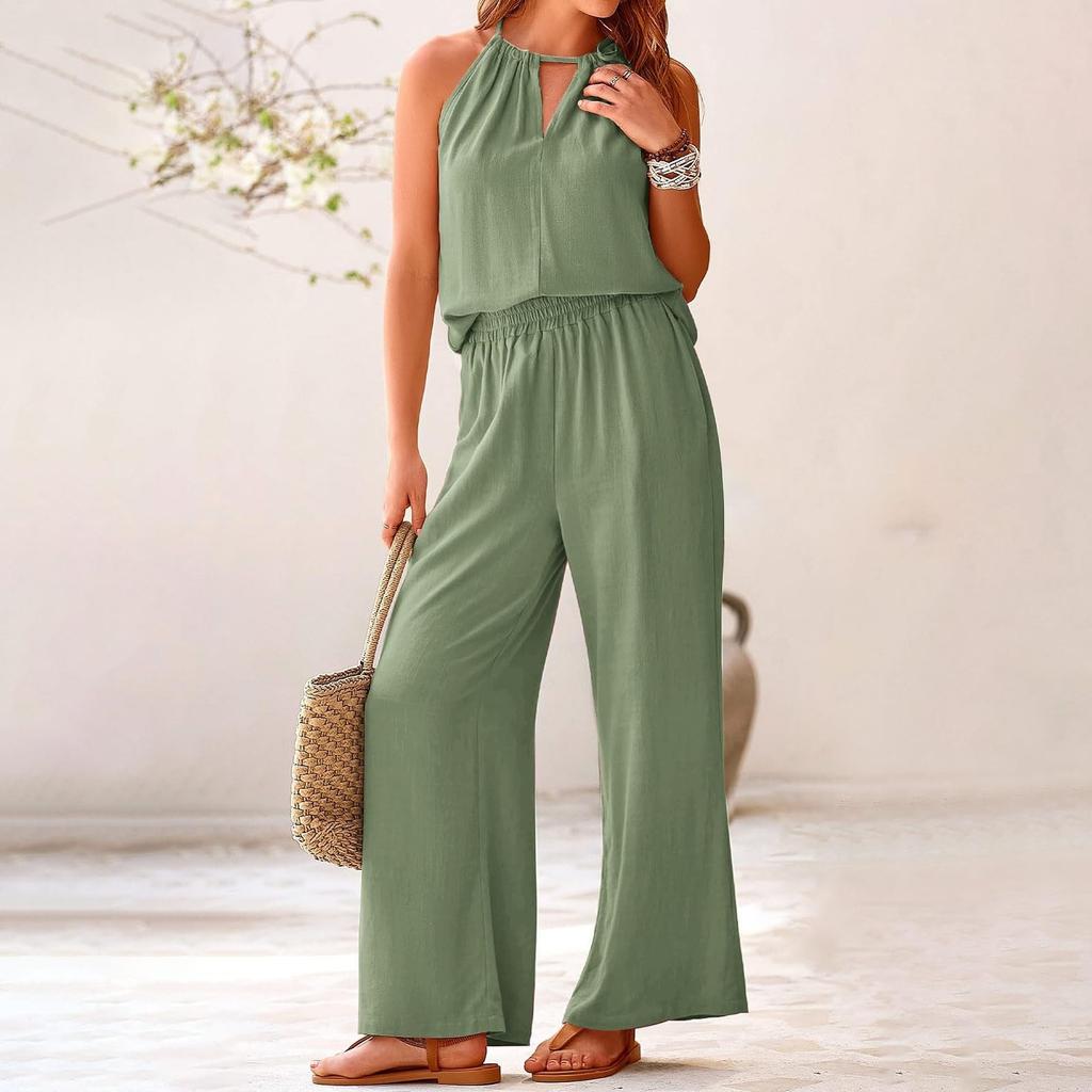 Women's Casual Summer Two Piece Outfits Cotton Linen Sets Cutout Sleeveless Top Wide Leg Pants Matching Set