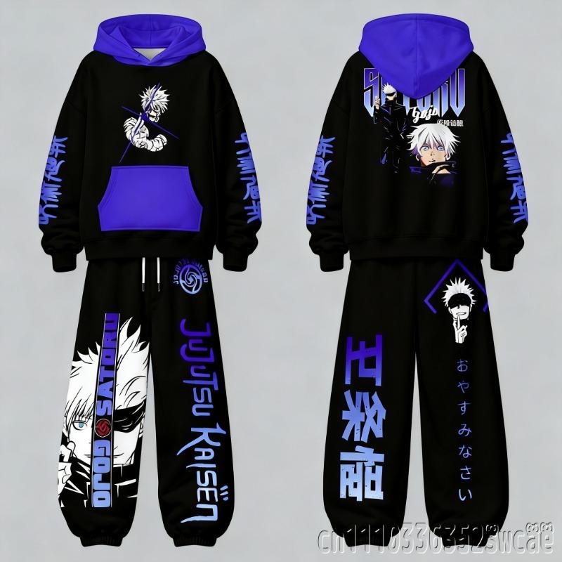 Худи и Штаны с Цветовым Контрастом из Аниме Jujutsu Kaisen Набор Унисекс Осень Зима Двухцветный Уличный Стиль