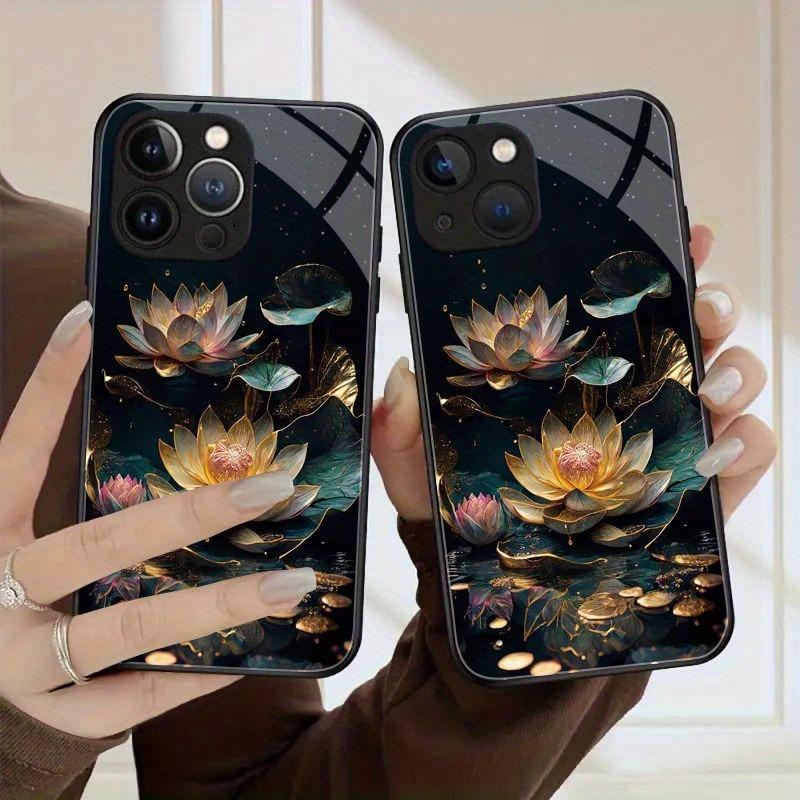 Закаленное стекло с узором лотоса, противоударный чехол для телефона iPhone 11 12 13 14 15 16 17 Pro Max 17Air 16E 7 8 Plus XR XS X