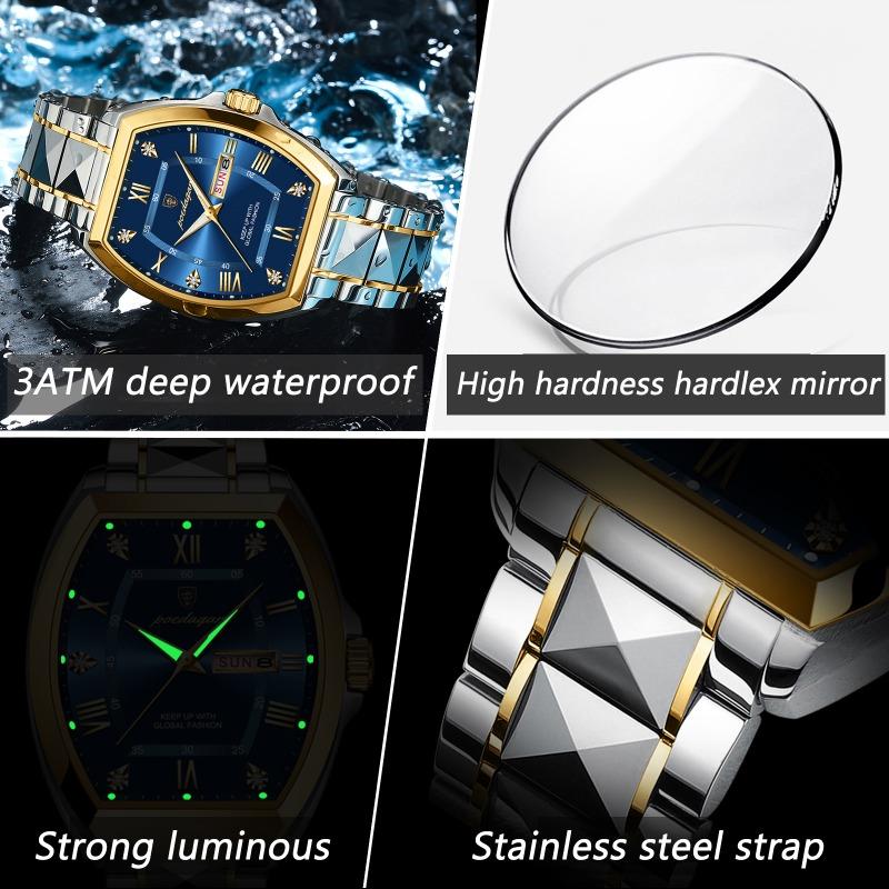 POEDAGAR Luxury Stainless Steel Watches for Man Luminous Waterproof Date Week Men Watch Tonneau Case Men's Quartz Watches