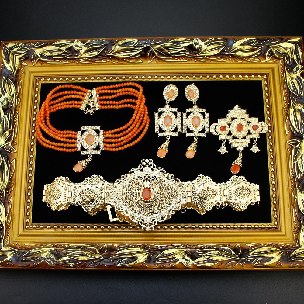 Gold Color Waist Belt Bead Choker Necklace Square Earring Brooch Arabic Bride Jewelry Set For Women