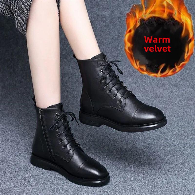 Genuine Cow Leather Martin Boots Women's Autumn Winter Flat Heel Short Boots Fleece Lined Thickened Cotton Shoes Women's