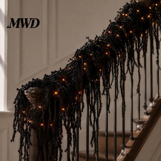 Haunted House Theme Supplies Halloween Lighted Creepy Vine Garland with LED Light, Waterproof Faux Black Branch Flexible Bendable Wreaths Decoration