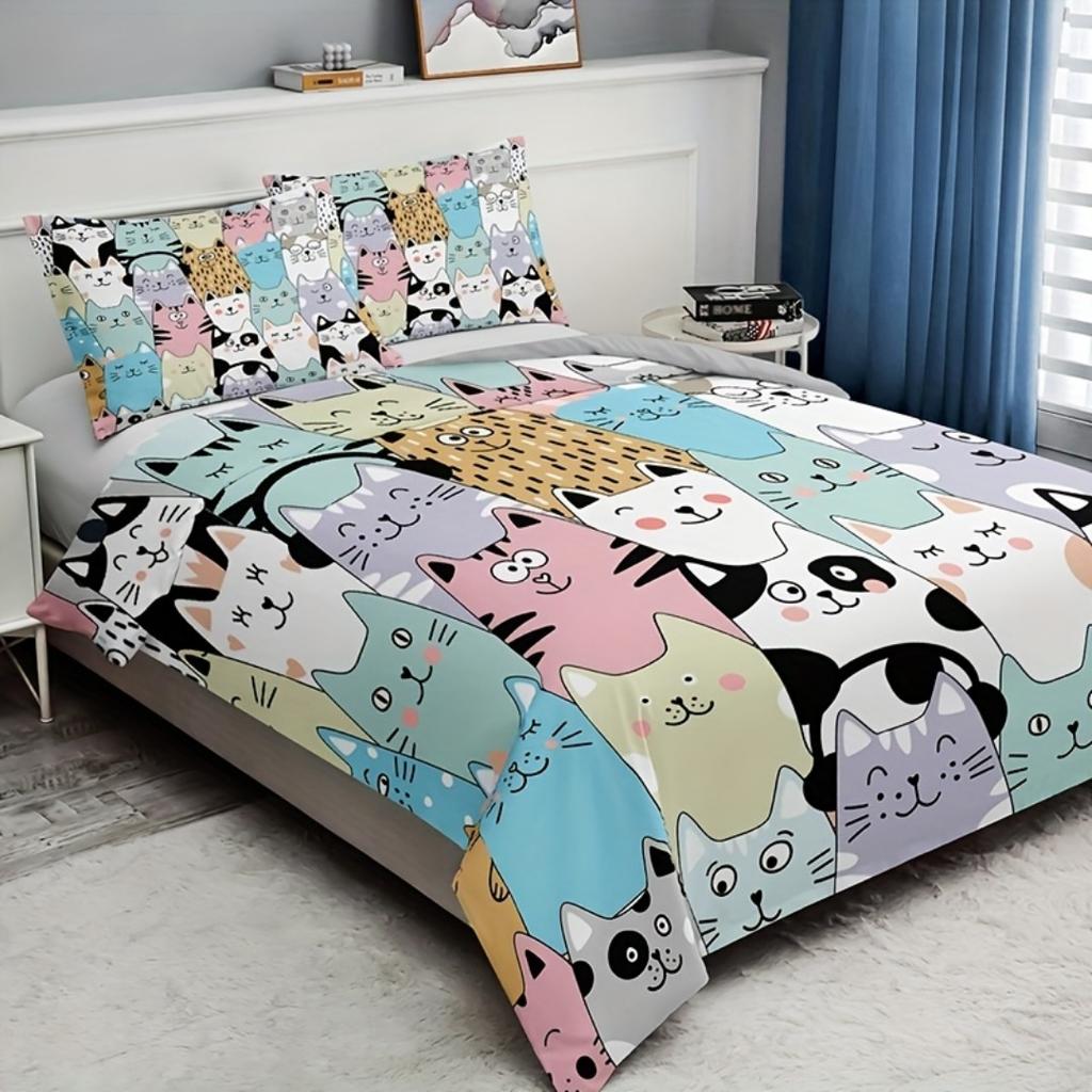 Fashion Cartoon Cat Animal 3D Print Bedding Set Soft Comfortable Duvet Cover King Queen Twin Single Size Bithday Gift Room Decor