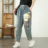 Cartoon Printed Jeans Female 2025 Summer Drawstring High Waist Denim Pants Women Streetwear Hole Jeans
