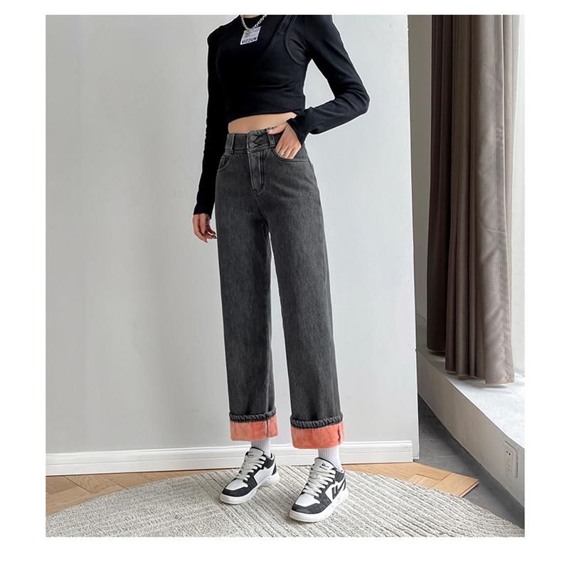 Винтажные женские джинсы с высокой талией, зимние толстые теплые уличные джинсы, широкие джинсы, женские джинсовые брюки, прямые мешковатые джинсовые брюки для мам