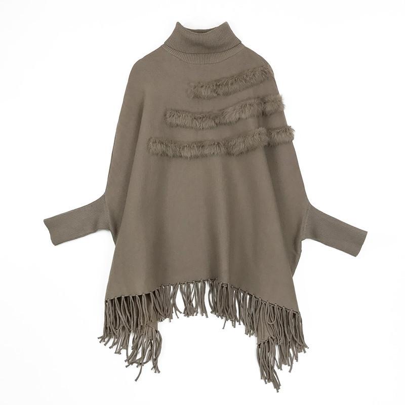 Плащ с высоким воротом и бахромой, большой размер, длинный рукав, трикотажный однотонный внешний плащ, шаль