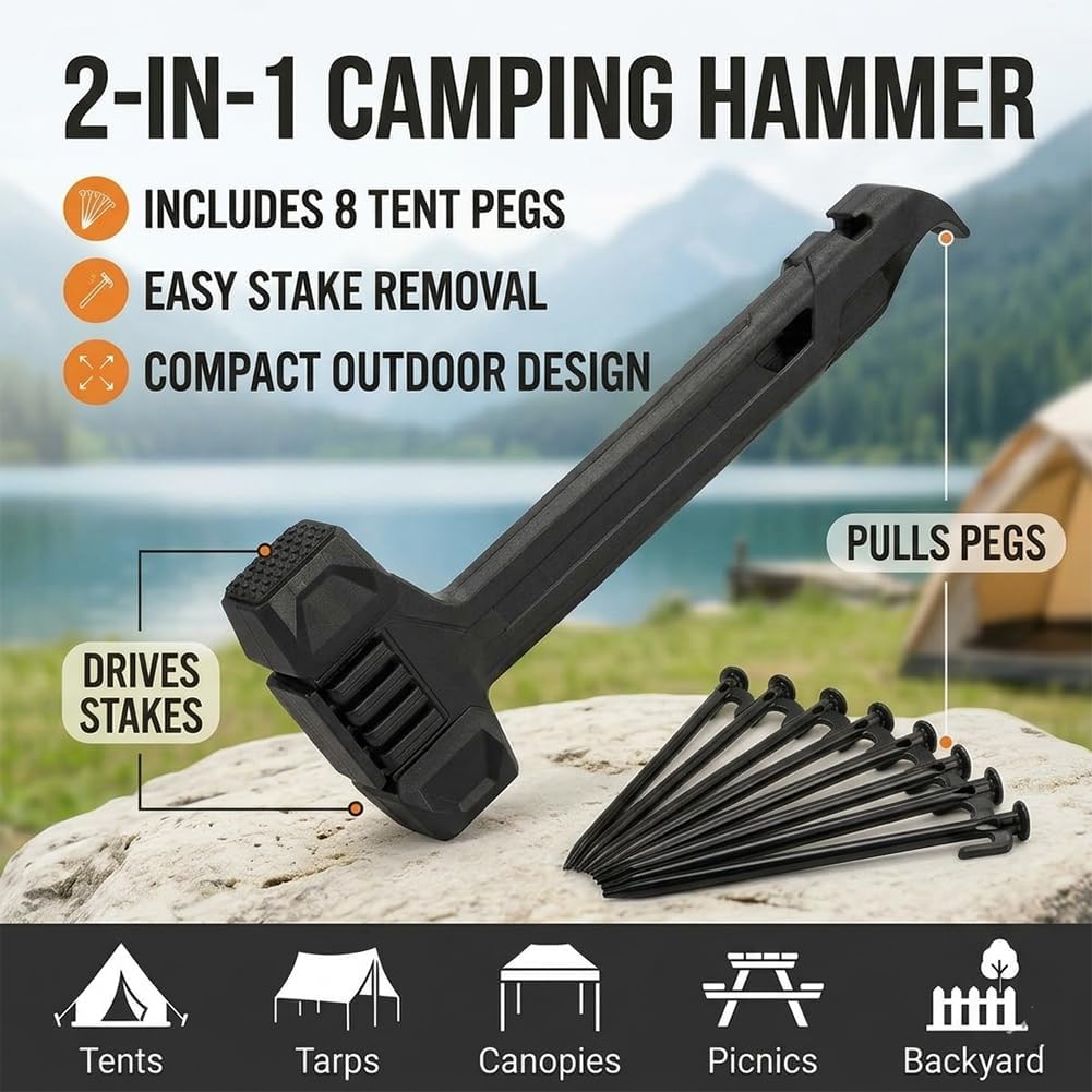Multifunctional Camping Hammer with Peg Puller 8 Tent Stakes Built-in Storage Handle & Bottle Opener Heavy Duty Lightweight Mallet for Hiking Tarp