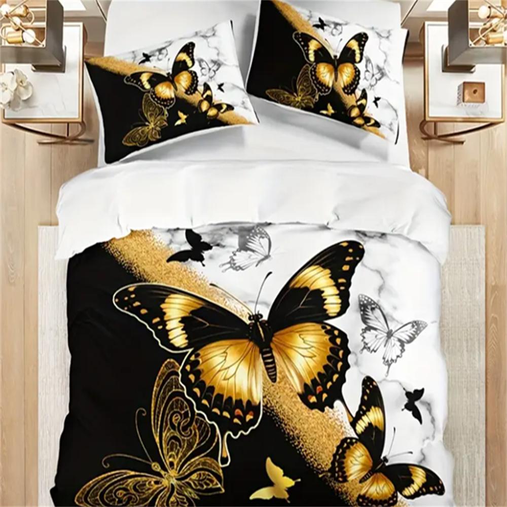 Набор пододеяльников с золотыми бабочками, 3 предмета, черно-белый, дышащий полиэстер, всесезонный, цифровая печать, пододеяльник для кровати
