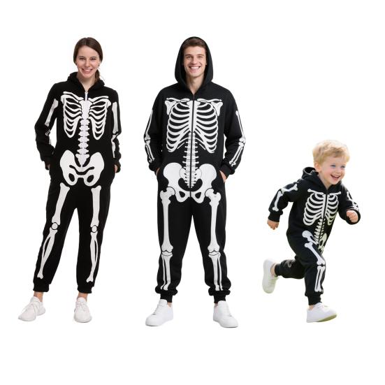 Halloween Costume Luminous Skeleton Print Family Matching Pajamas Hooded Long Sleeve Adults Kids One-Piece