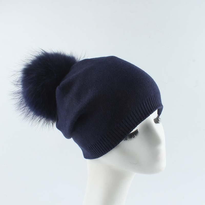 Adult New Raccoon Fur Ball Color Knitted Acrylic Common Fabric Warm Casual Pullover Beanie Hat Liner Unisex Cross-border