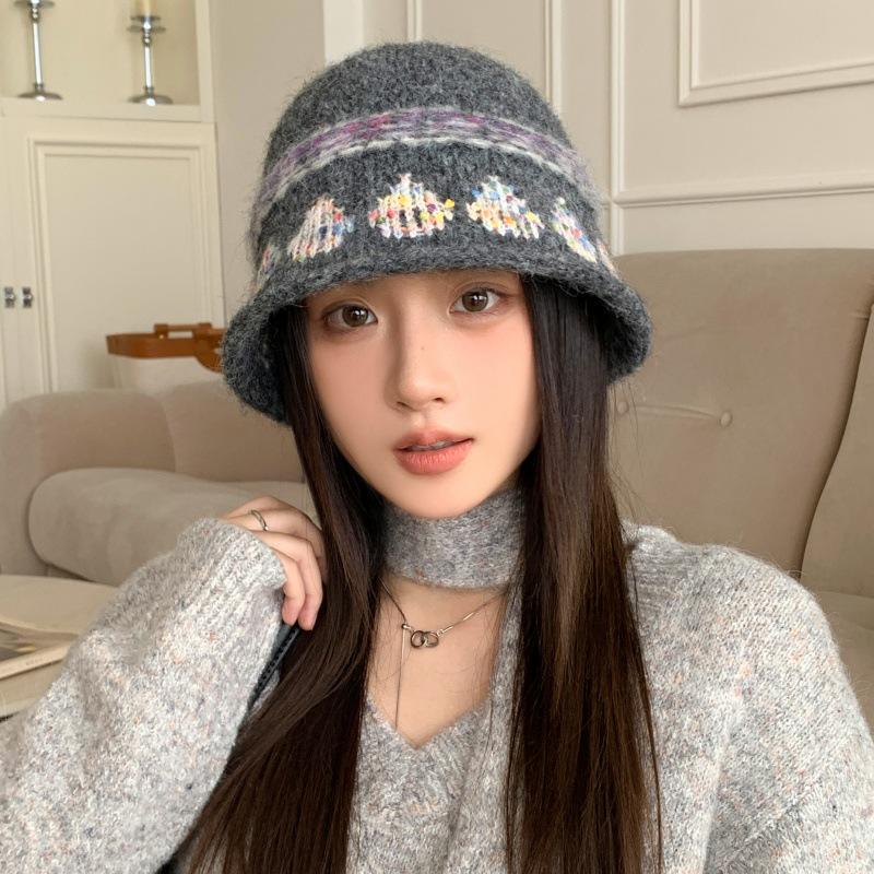 Вязаная женская шляпа-ведро из жаккардовой шерсти с узором Fair Isle 'Лепестки' - Повседневная облегающая модель для осени и зимы