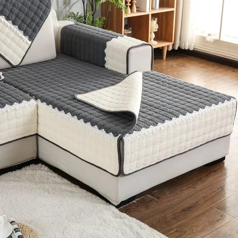 Winter Thicken Plush Sofa Cover White Wide Edge Chaise Lounge Sofa Towel Mat Modern Non-Slip Couch Cover Cushions Living Room