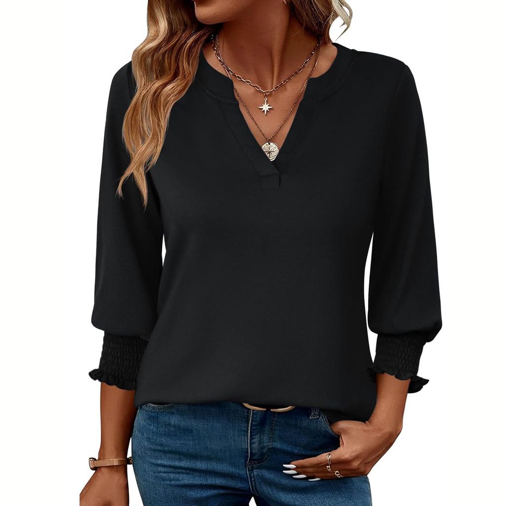 Blouses For Women Dressy Casual 3/4 Length Sleeve Womens Tops O Neck T Shirts With Smocked Cuffs