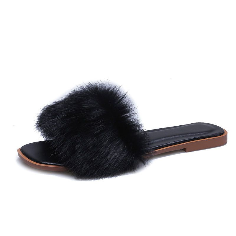 Fashion Bedroom Slides Shoes for Women 2024 Fuzzy Low Heel Summer Soft House Furry Sandals Woman Slippers Green Home Luxury On Promotion