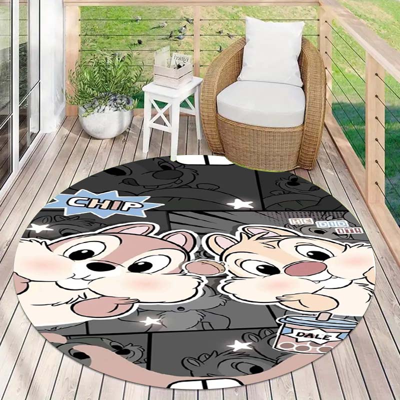 Cute Chip 'n' Dale print round floor mat, home rug decoration, cartoon welcome doormat, non-slip and stain-resistant.