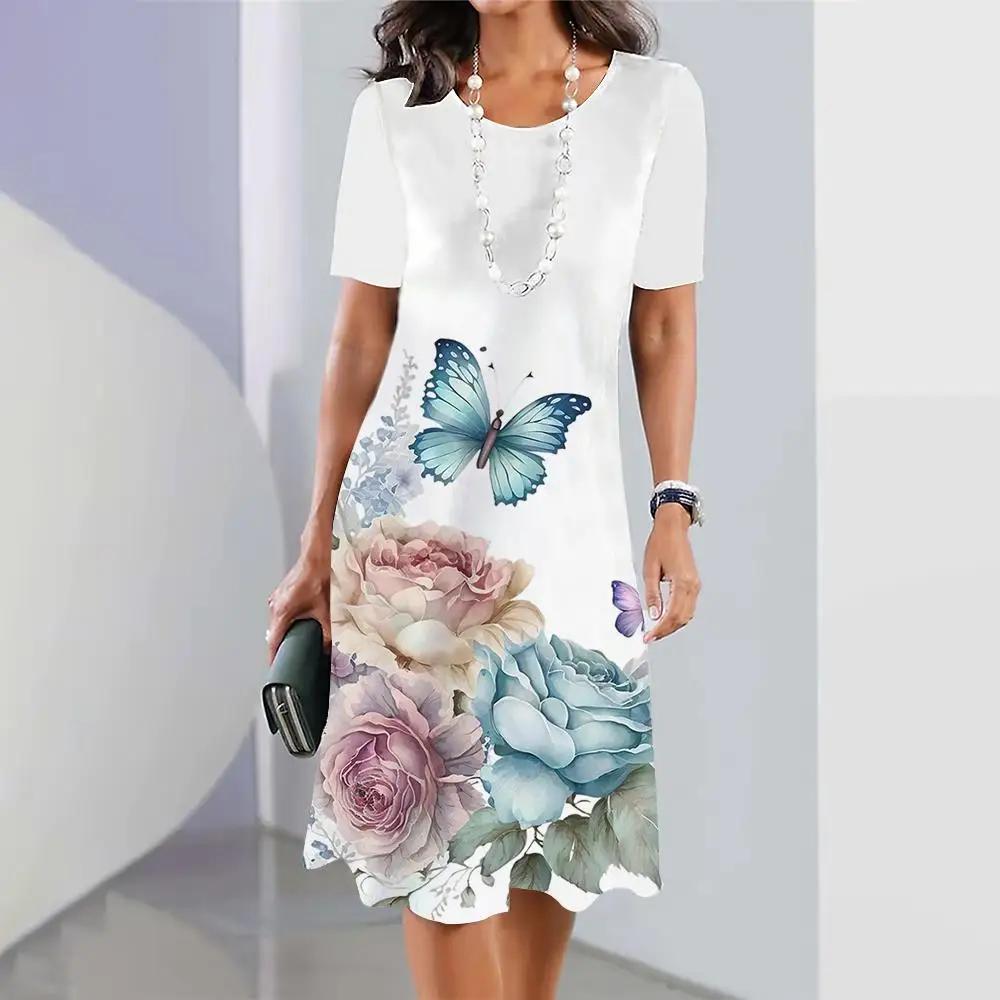 Платья для женщин больших размеров с принтом в виде 3D-бабочки и цветов Элегантная одежда с короткими рукавами Платье А-силуэта в стиле ретро Цветная одежда