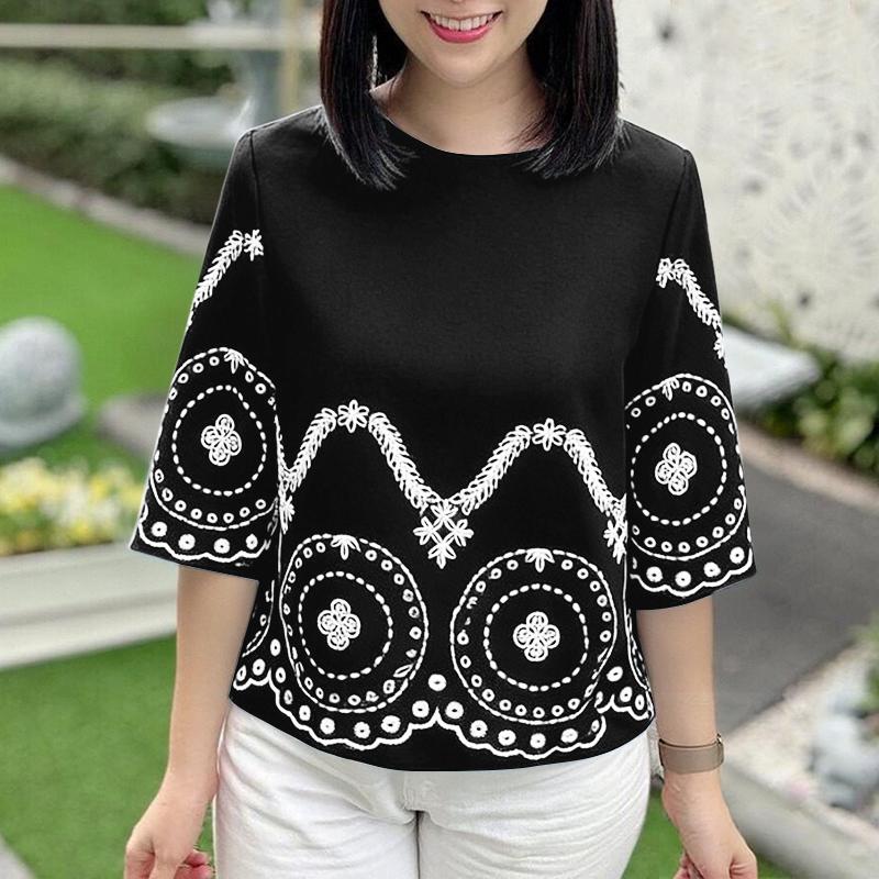 ZANZEA Женская повседневная блузка с круглым вырезом и рукавом 3/4 с принтом