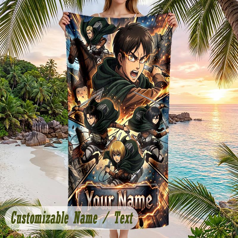Attack on Titan Beach Towel, Personalized Custom Name Text, Quick Dry Large Absorbent Towel For Beach Pool