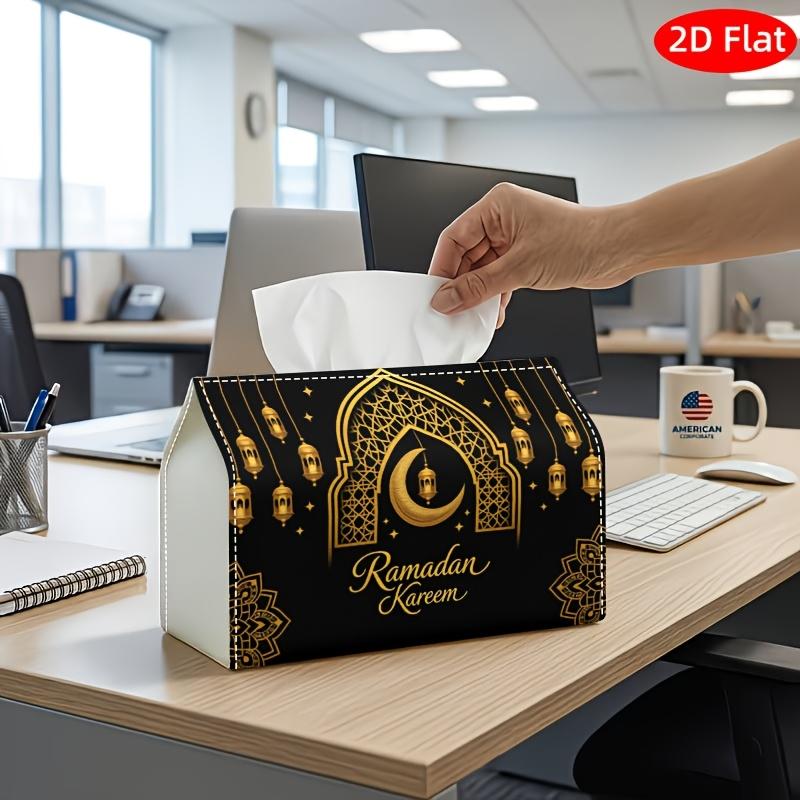 2D Flat, 1pc Tissue Box, Printed on Both Sides, Islamic Ornamental Tissue Box Arch Crescent Lantern Golden Print Durable Fabric Decorative Storage for