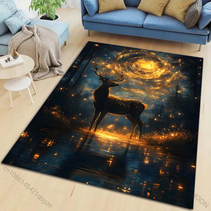 Enchanted Forest Deer Night Carpet for Living Room Bedroom Bedside Floor Mat Cloakroom Children Play Mat Area Rug Large Size