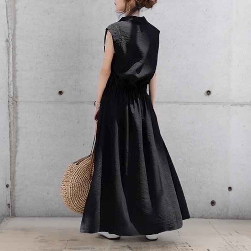 Женское весенне-осеннее платье-макси рубашечного кроя с отложным воротником - Длинный рукав, Однотонное, Повседневное