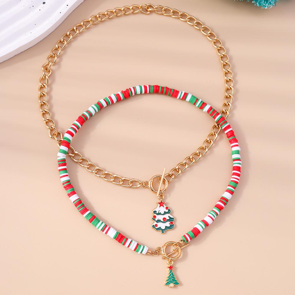 Trendy European & American Christmas Tree Polymer Clay Beaded Necklace Set with Bell Clavicle Chain