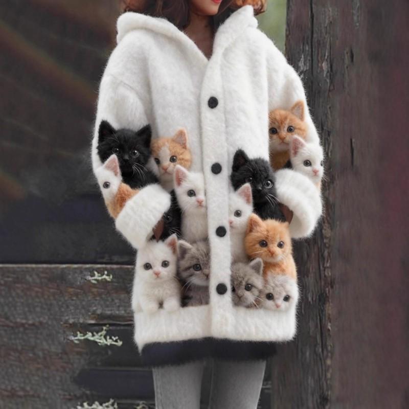 3D Cat Print Hooded Sweatshirt Cardigan Casual Jacket Women