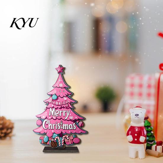 Miniature Christmas Trees for Desk 2D Wooden Tabletop Ornaments, Xmas Tree Santa Party Favors Snowman Sign with Stand, Holiday Decorations Colorful