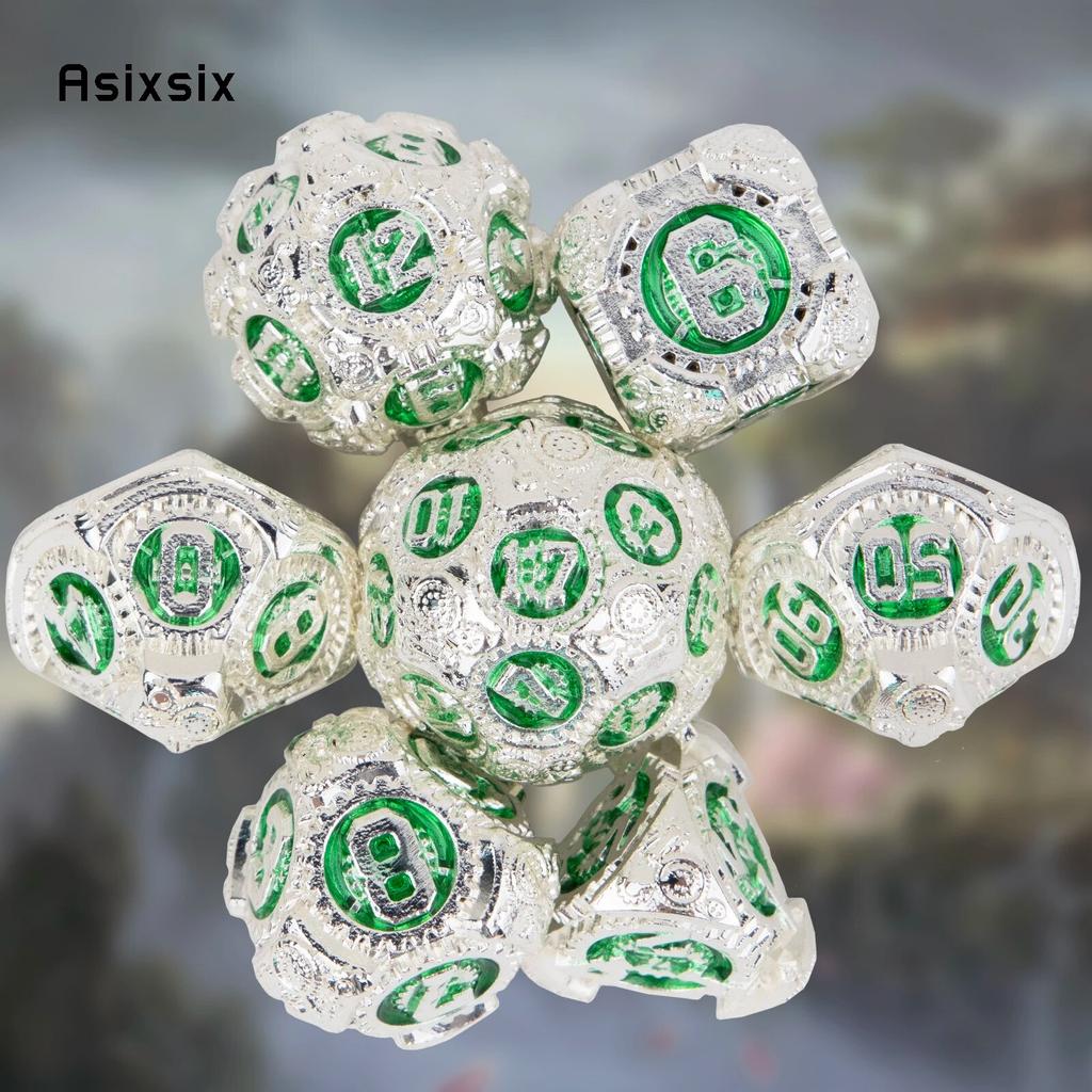 7 Pcs White Green Gear Wheel Metal Dice Solid Metal Polyhedral Dice Set Suitable for Role-Playing RPG  Board Game Card Game