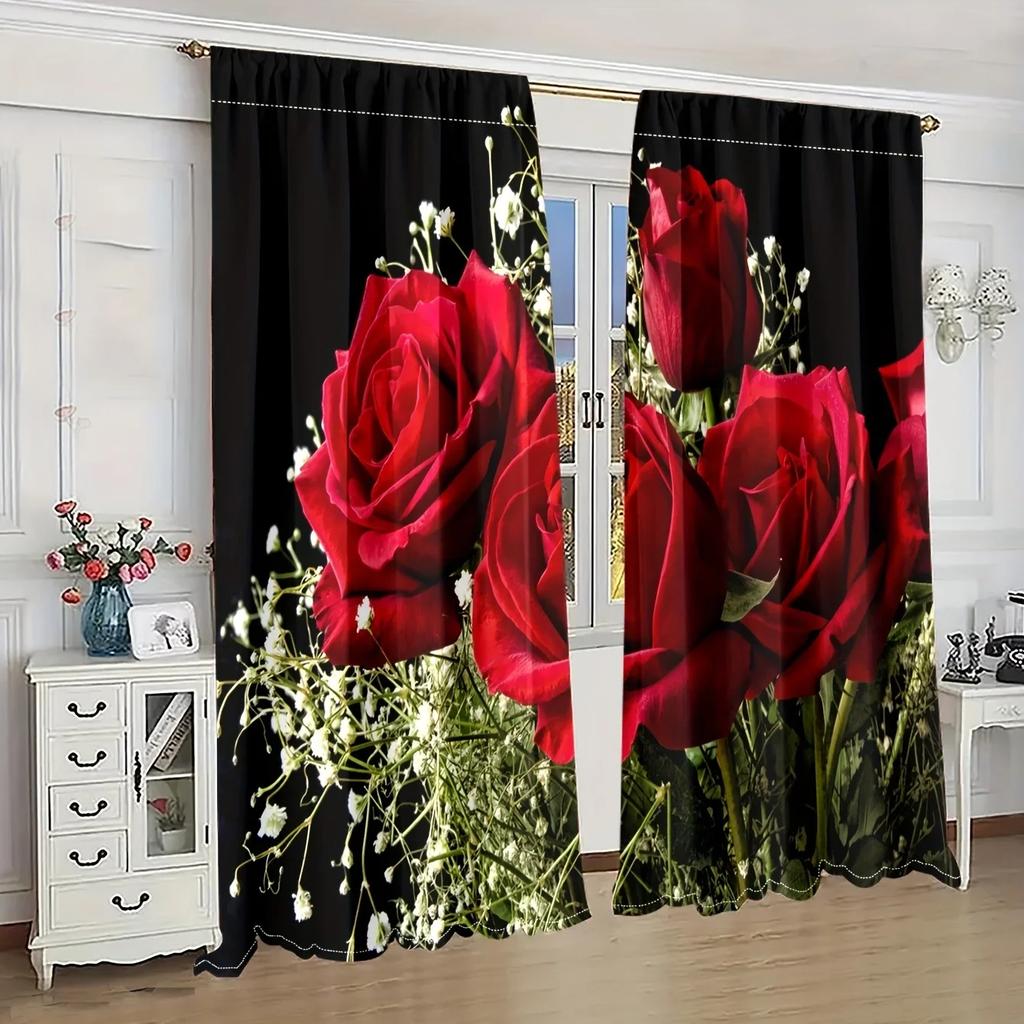3D 2panels Blooming Roses Printed Curtain, For Bedroom Office Kitchen Living Room Study Home Decor