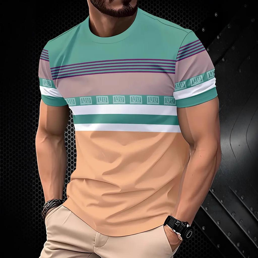 Летняя футболка с круглым вырезом, цветными блоками и полосатым 3D-принтом, модная, повседневная, с короткими рукавами, мужская