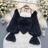 Flare Sleeve Women Tops Ruffle Solid Elastic Waist Halter Backless Chiffon Slim Ladies Harajuku Sexy Short Blouse