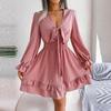 Elegant Women Summer Dress Fashion High Waist Big Swing Solid Color Lace Up Wooden Edge