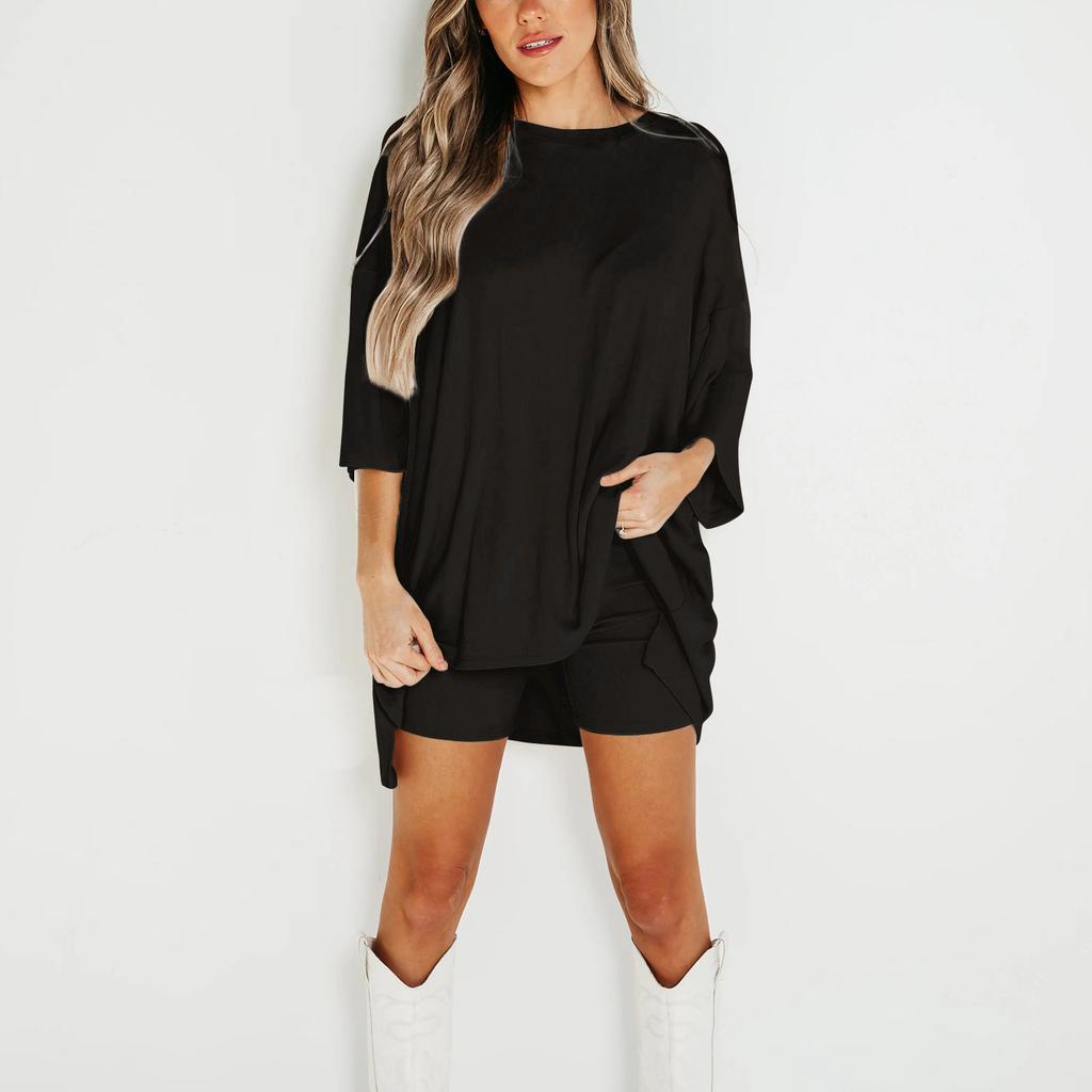 Женский летний комплект из 2 предметов с круглым вырезом и короткими рукавами, с заниженными плечами, топ для больших детей и узкие байкерские шорты для йоги, комплект