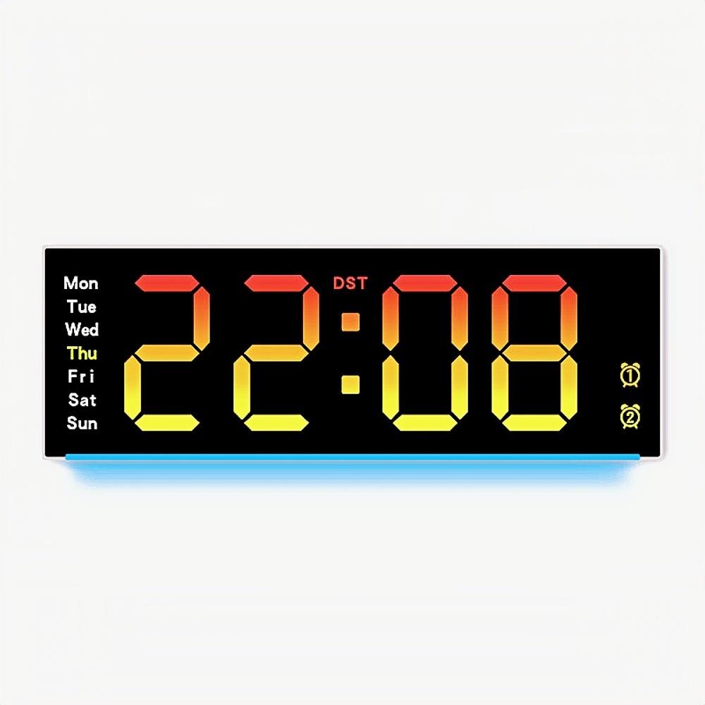 Remote Control Large Digital Wall Clock with 9 Colors Mood Light 2 Alarm Timer Table Clock 12/24H 10 Levels Brightness LED Clock