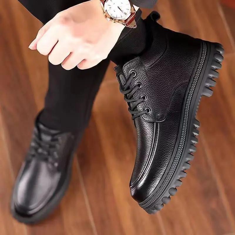 Winter Shoes Men Ankle Boots Fashion Brand Male Footwear Genuine Leather Warm Plush Flat Non-slip Pure Black