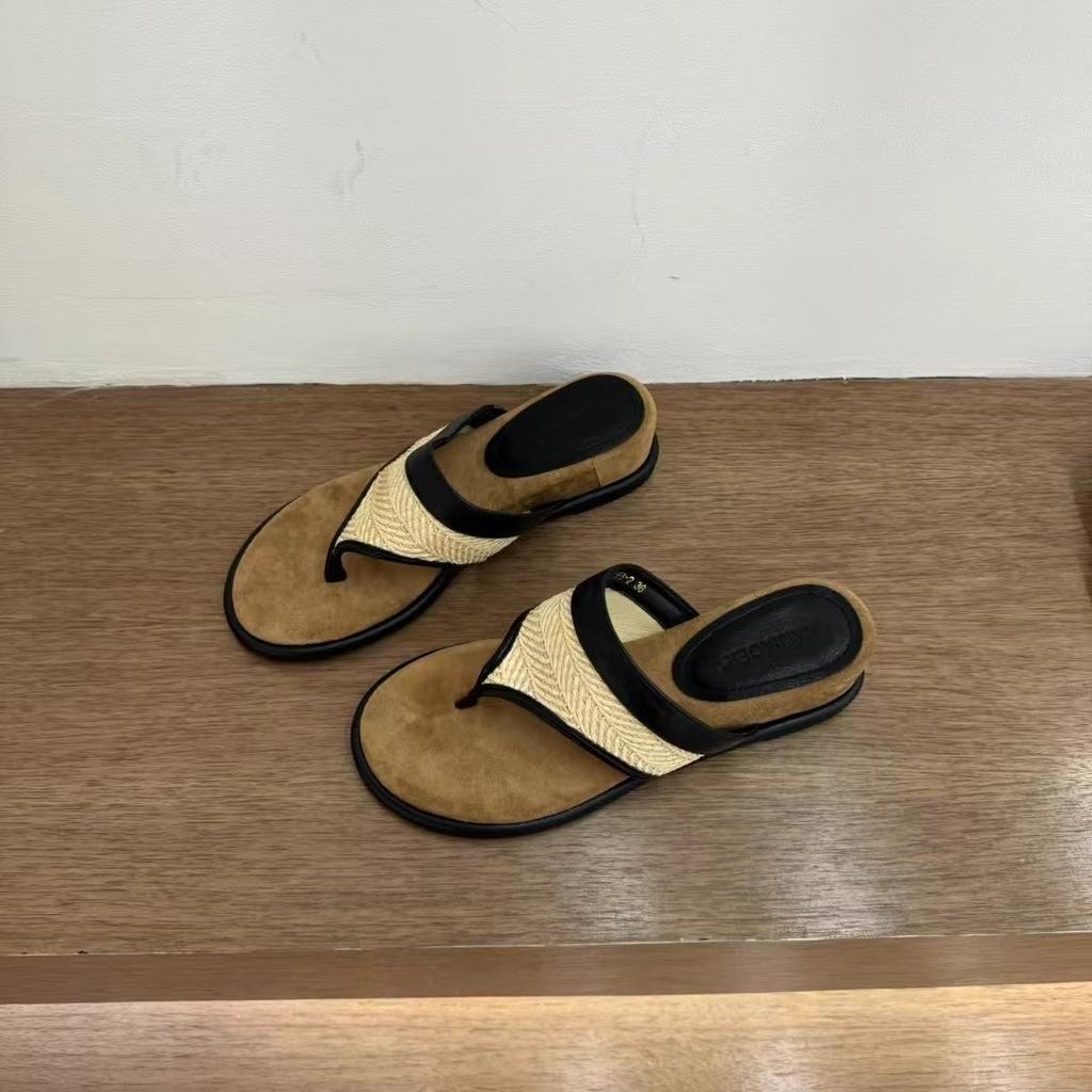 Retro casual niche toe mop woven linen flip-flops fashionable and comfortable beach shoes wedge heel cool slippers