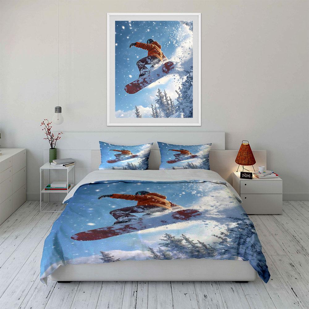 Snowboarder with snowy trees. Bedding sets Duvet cover sets Duvet covers Pillowcases(1 * Duvet Cover 2 * Pillowcases without duvet insert)
