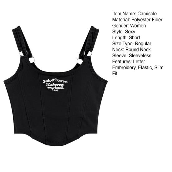 Women Summer Camisole Letter Embroidery Backless Stretchy Solid Color Sleeveless Short Dating Club Prty