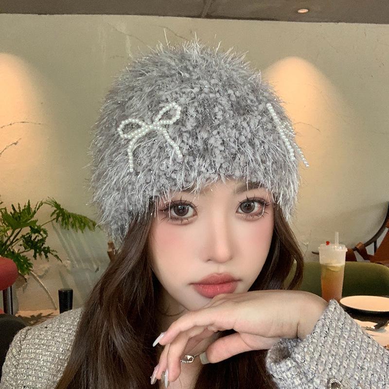 Autumn and winter new pullover cold hat women's ins plush pearl bow knitted hat soft waxy bag head knitted hat
